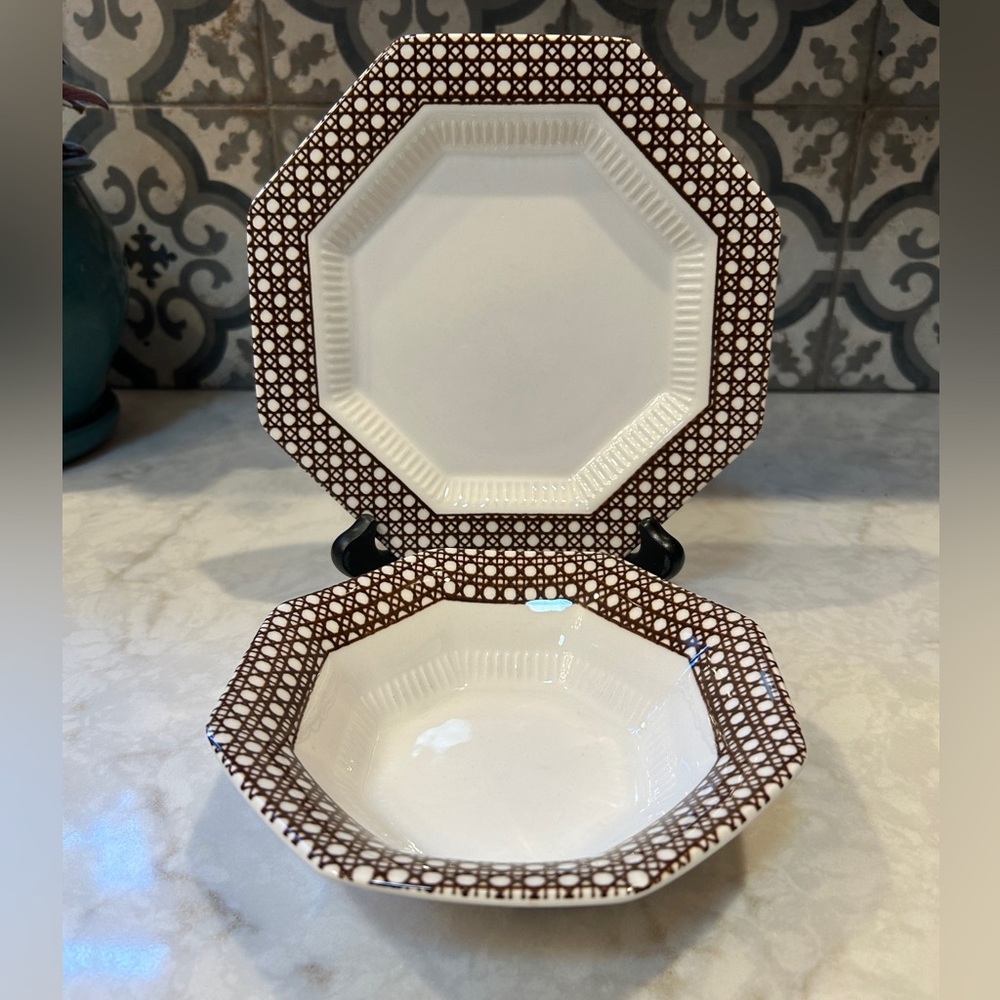 1970s Independence Ironstone Brown Cane Wicker Edge Design Octagon Plate & Bowl